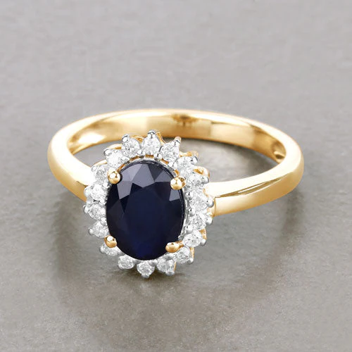 1.73 Carat Genuine Blue Sapphire and White Diamond 14K Yellow Gold Ring - Image 4