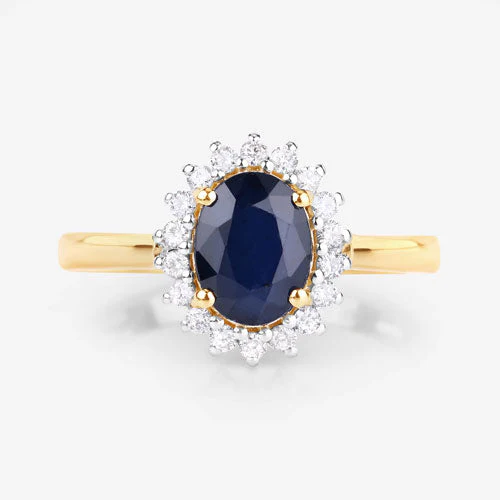 1.73 Carat Genuine Blue Sapphire and White Diamond 14K Yellow Gold Ring - Image 8