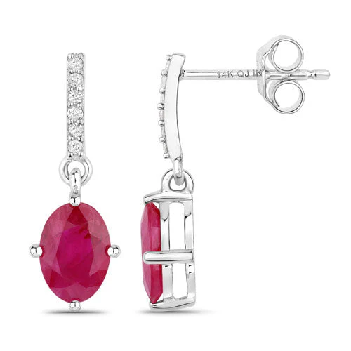 1.75 Carat Genuine Ruby and White Diamond 14K White Gold Earrings - Image 2