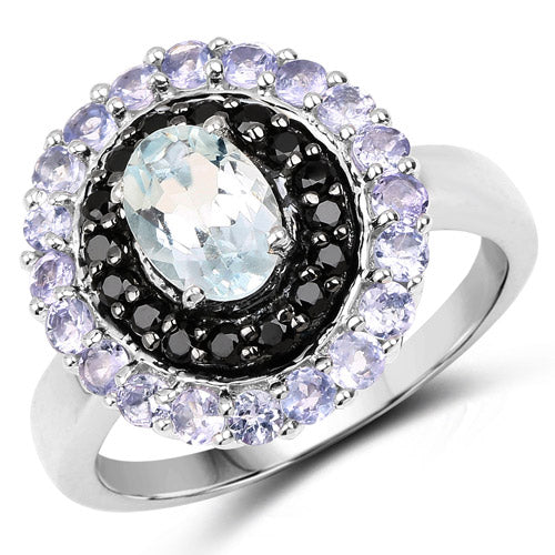 1.77 Carat Genuine Aquamarine, Black Spinel and Tanzanite .925 Sterling Silver Ring - Image 5