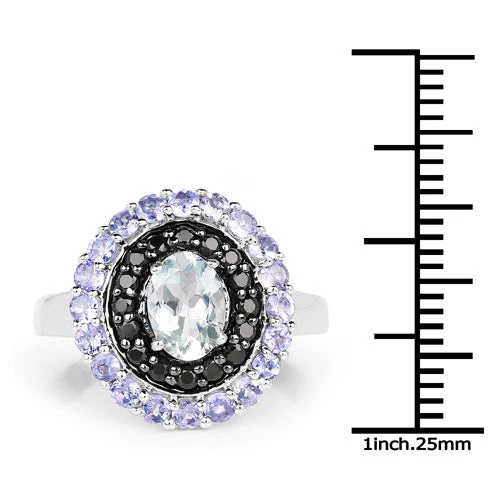 1.77 Carat Genuine Aquamarine, Black Spinel and Tanzanite .925 Sterling Silver Ring - Image 7