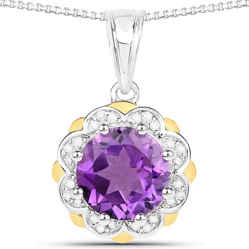 1.87 Carat Genuine Amethyst and White Diamond 14K Yellow Gold with .925 Sterling Silver Pendant - Image 5