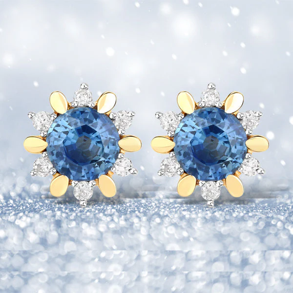 1.87 Carat Genuine Blue Sapphire and White Diamond 14K Yellow Gold Earrings