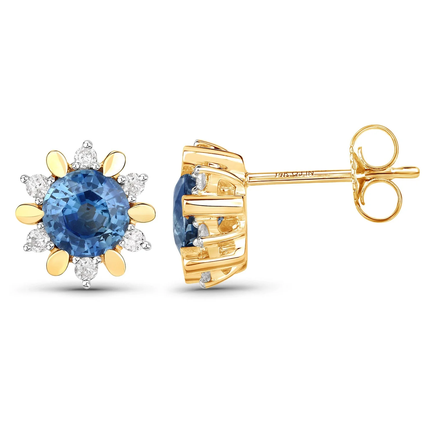 1.87 Carat Genuine Blue Sapphire and White Diamond 14K Yellow Gold Earrings - Image 3