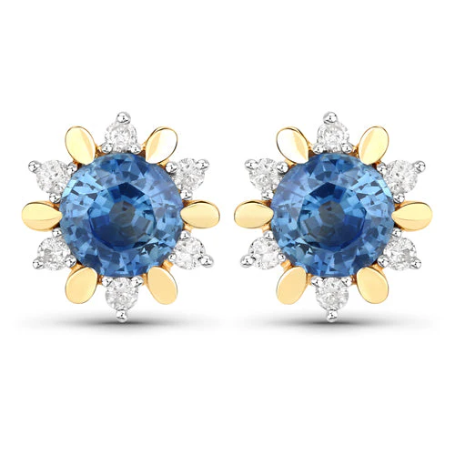 1.87 Carat Genuine Blue Sapphire and White Diamond 14K Yellow Gold Earrings - Image 5