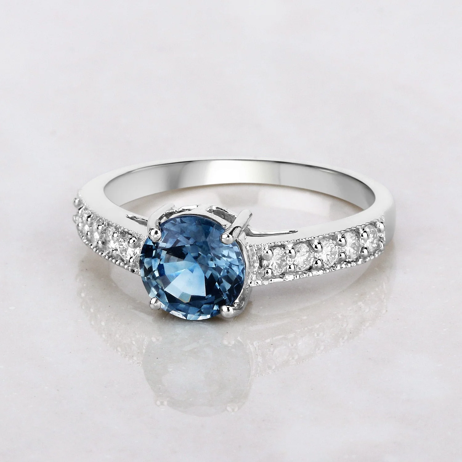 1.90 Carat Genuine Blue Sapphire and White Diamond 14K White Gold Ring - Image 4