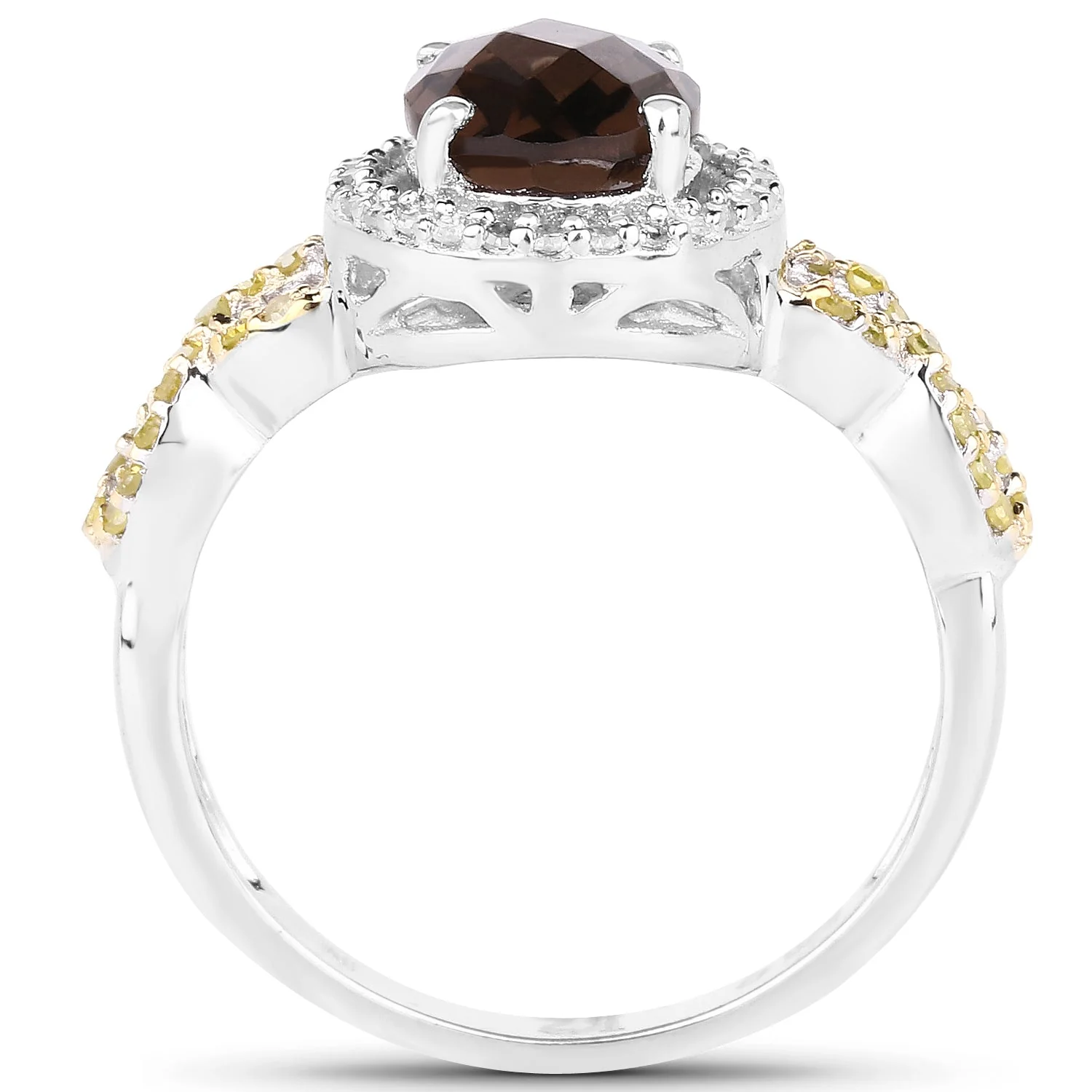 1.90 Carat Genuine Smoky Quartz, Yellow Diamond & White Diamond .925 Sterling Silver Ring - Image 2