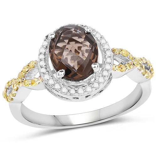 1.90 Carat Genuine Smoky Quartz, Yellow Diamond & White Diamond .925 Sterling Silver Ring - Image 4