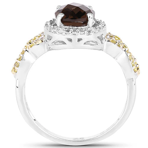 1.90 Carat Genuine Smoky Quartz, Yellow Diamond & White Diamond .925 Sterling Silver Ring - Image 5