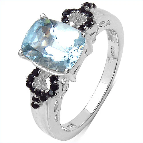 1.92 Carat Genuine Aquamarine & Black Spinel .925 Sterling Silver Ring - Image 5