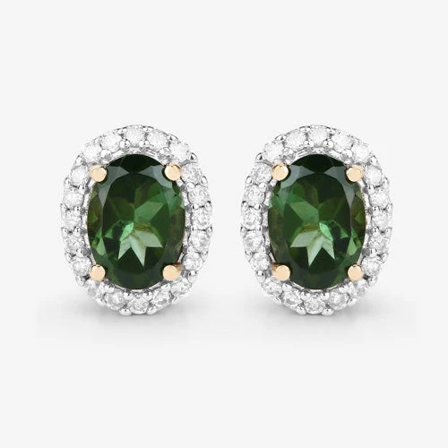 1.92 Carat Genuine Green Tourmaline and White Diamond 14K Yellow Gold Earrings - Image 11