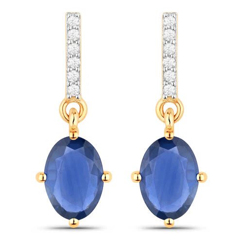 1.95 Carat Genuine Blue Sapphire and White Diamond 14K Yellow Gold Earrings