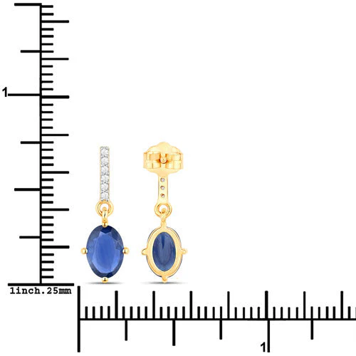 1.95 Carat Genuine Blue Sapphire and White Diamond 14K Yellow Gold Earrings - Image 3