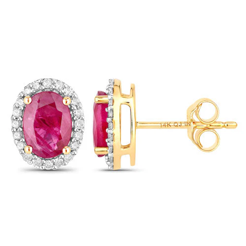 1.96 Carat Genuine Ruby and White Diamond 14K Yellow Gold Earrings - Image 2