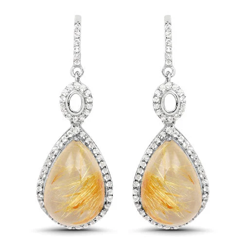 10.04 Carat Genuine Golden Rutile And White Topaz .925 Sterling Silver Earrings - Image 5