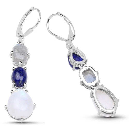 10.17 Carat Genuine Lapis, Labradorite and White Rainbow Moonstone .925 Sterling Silver Earrings - Image 5