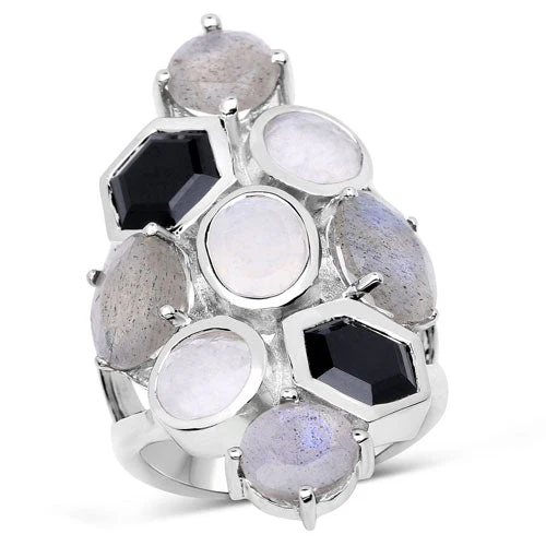 10.30 Carat Genuine White Rainbow Moonstone, Labradorite And Black Onyx .925 Sterling Silver Ring - Image 4