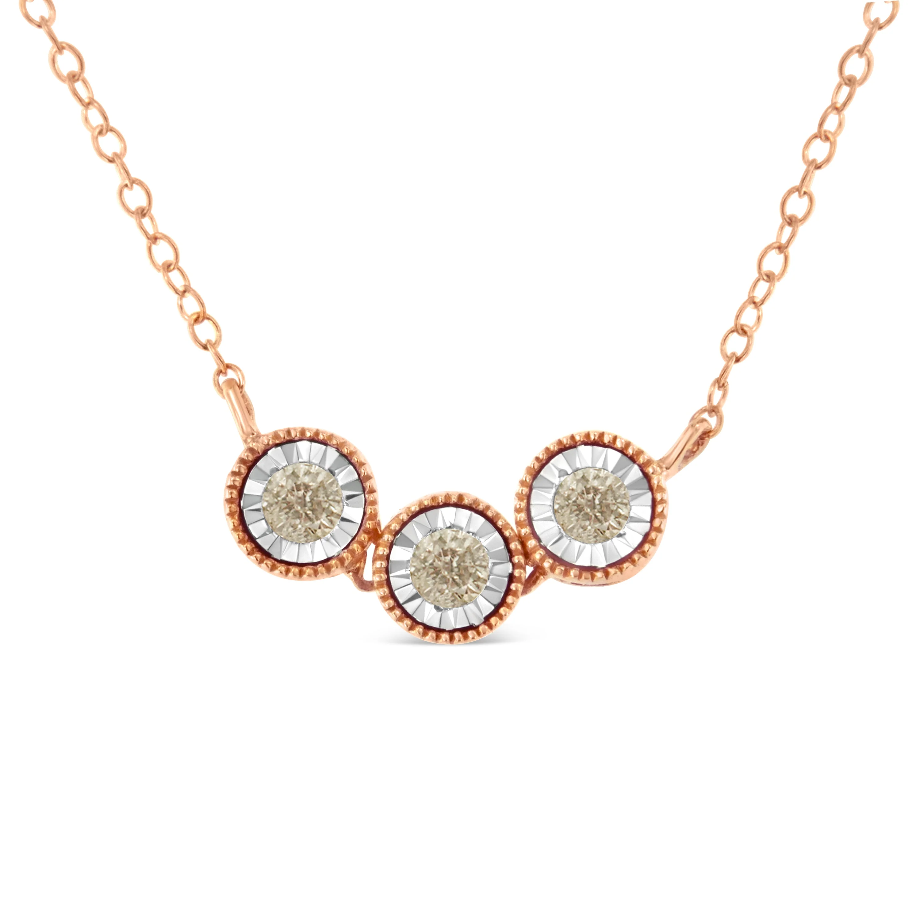10K Rose and White Gold Plated .925 Sterling Silver 1/4 Cttw Miracle-Set Champagne Diamond Triple Circle 18" Necklace (I2-I3 Clarity) - Image 2
