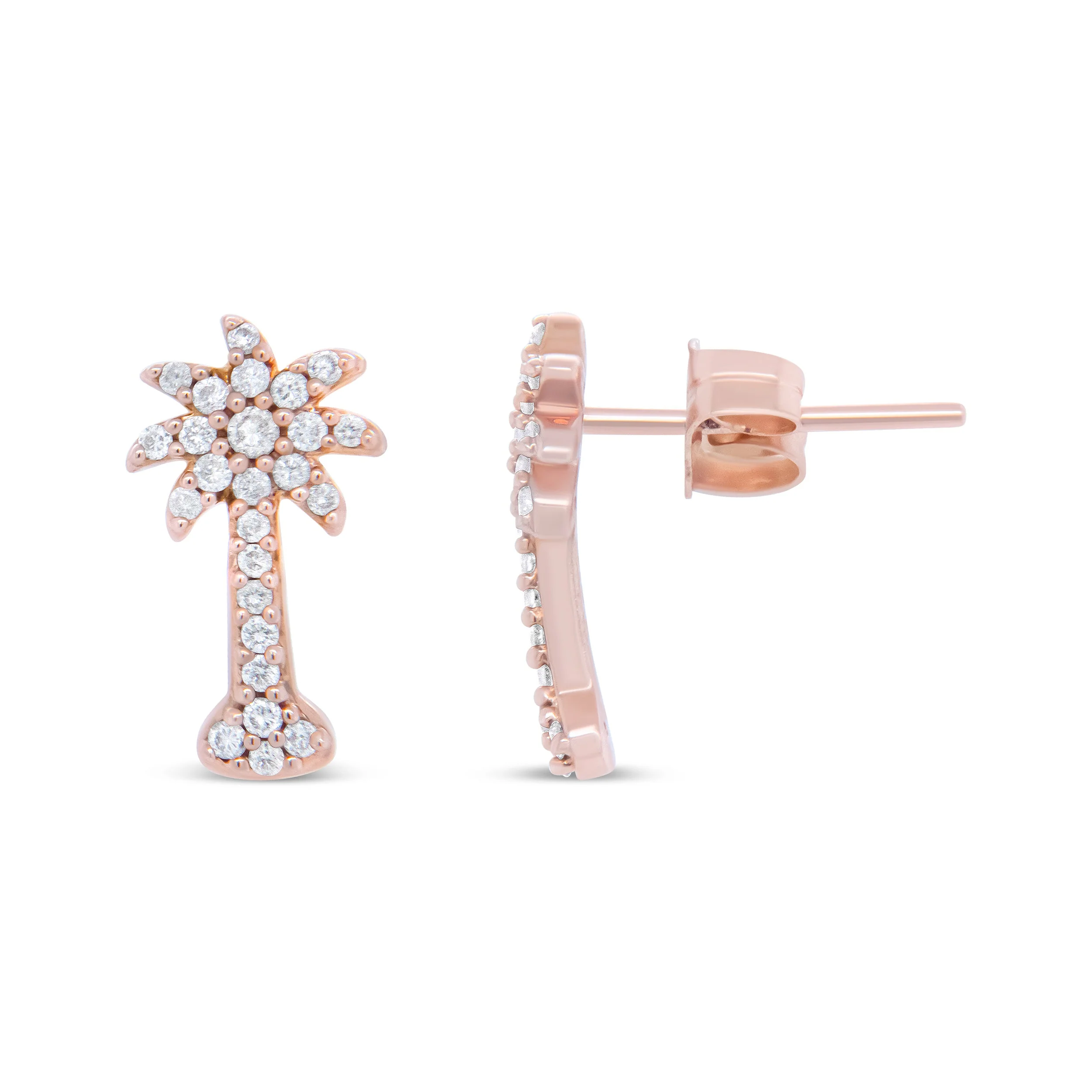 10K Rose Gold 1/4 Cttw Diamond Palm Tree Push Back Stud Earrings (H-I Color, I1-I2 Clarity) - Image 7