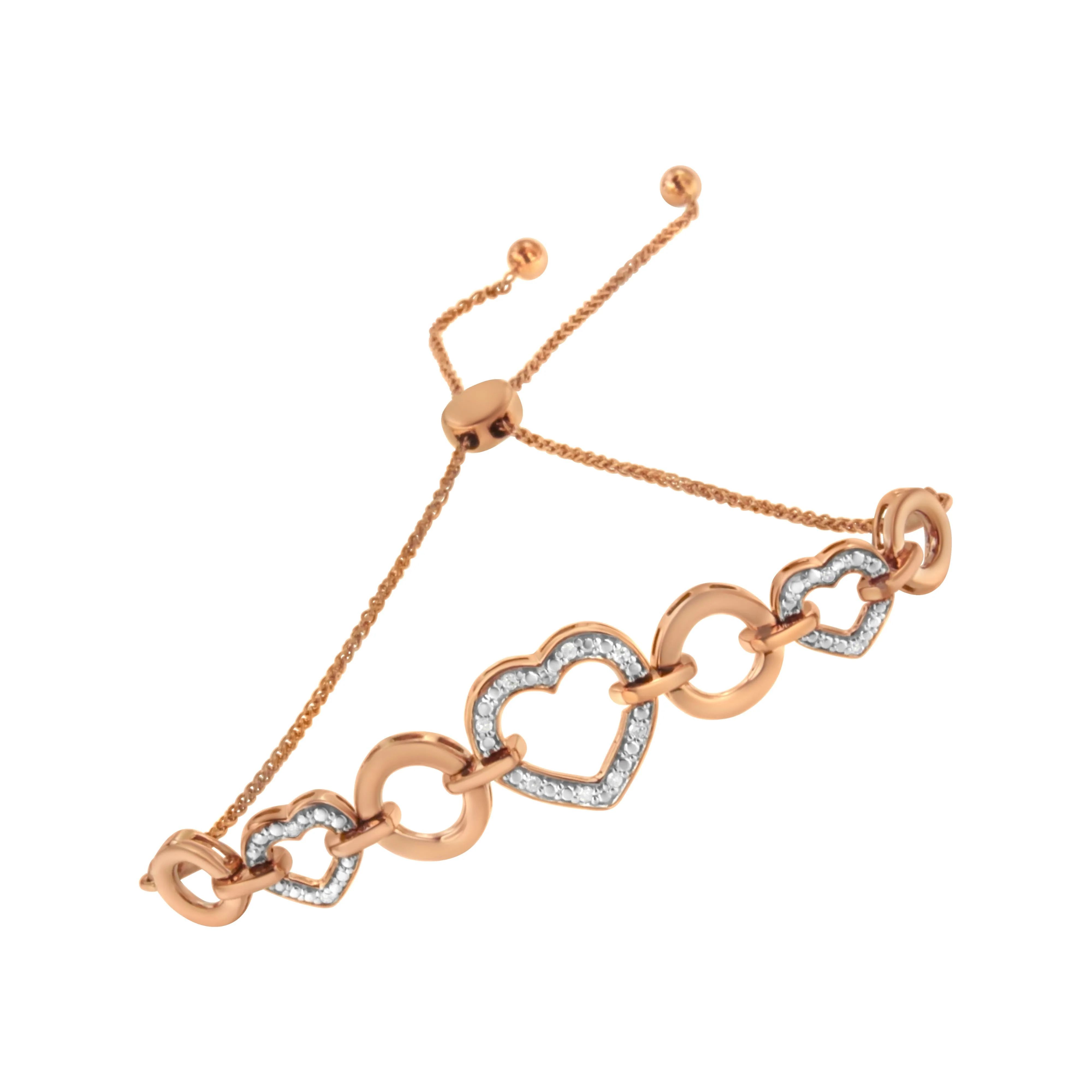 10K Rose Gold over .925 Sterling Silver 1/10 Cttw Round-Cut Diamond Heart Link Adjustable Bolo Bracelet (H-I Color, I2-I3 Clarity) - 6"-9" Adjustable - Image 2