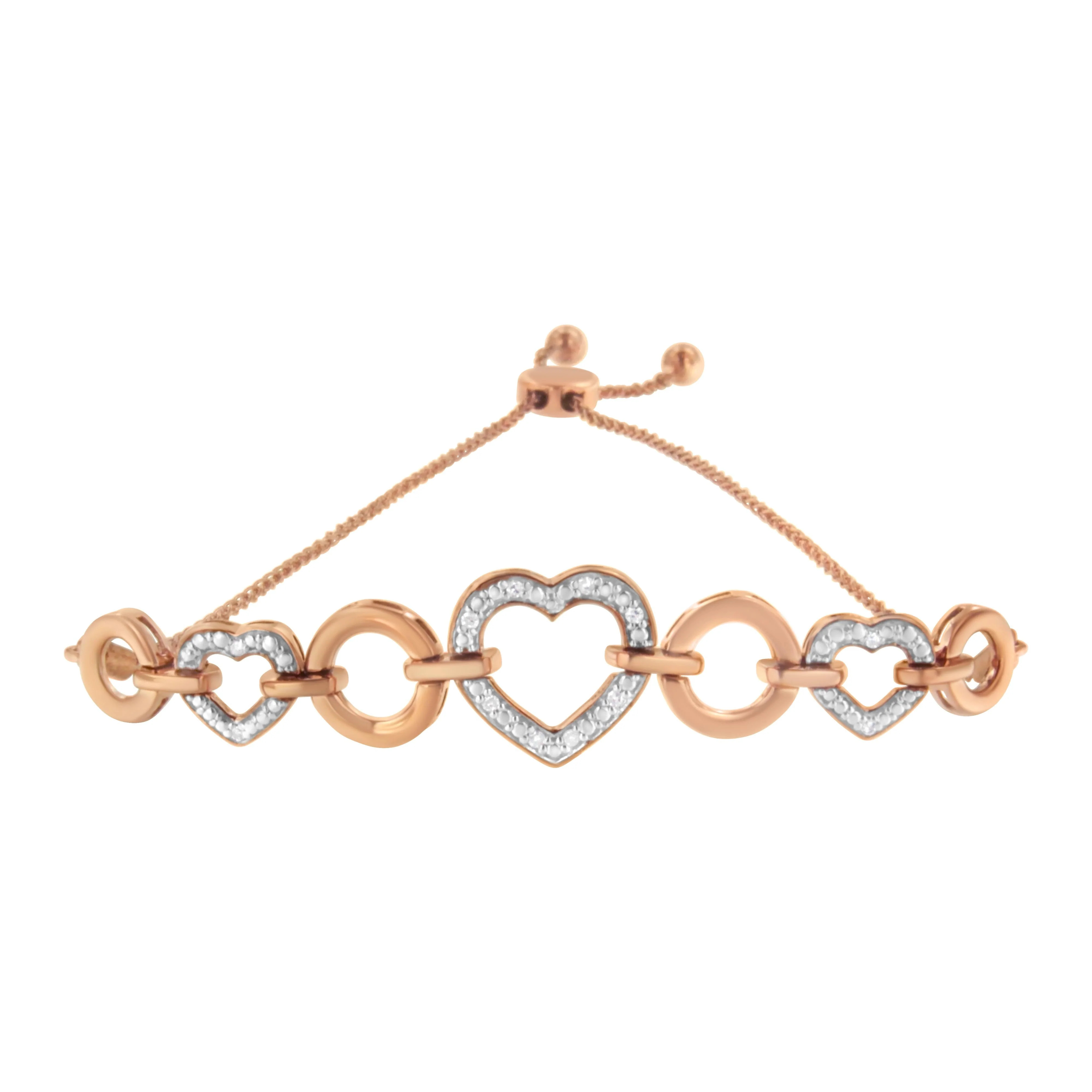 10K Rose Gold over .925 Sterling Silver 1/10 Cttw Round-Cut Diamond Heart Link Adjustable Bolo Bracelet (H-I Color, I2-I3 Clarity) - 6"-9" Adjustable - Image 3