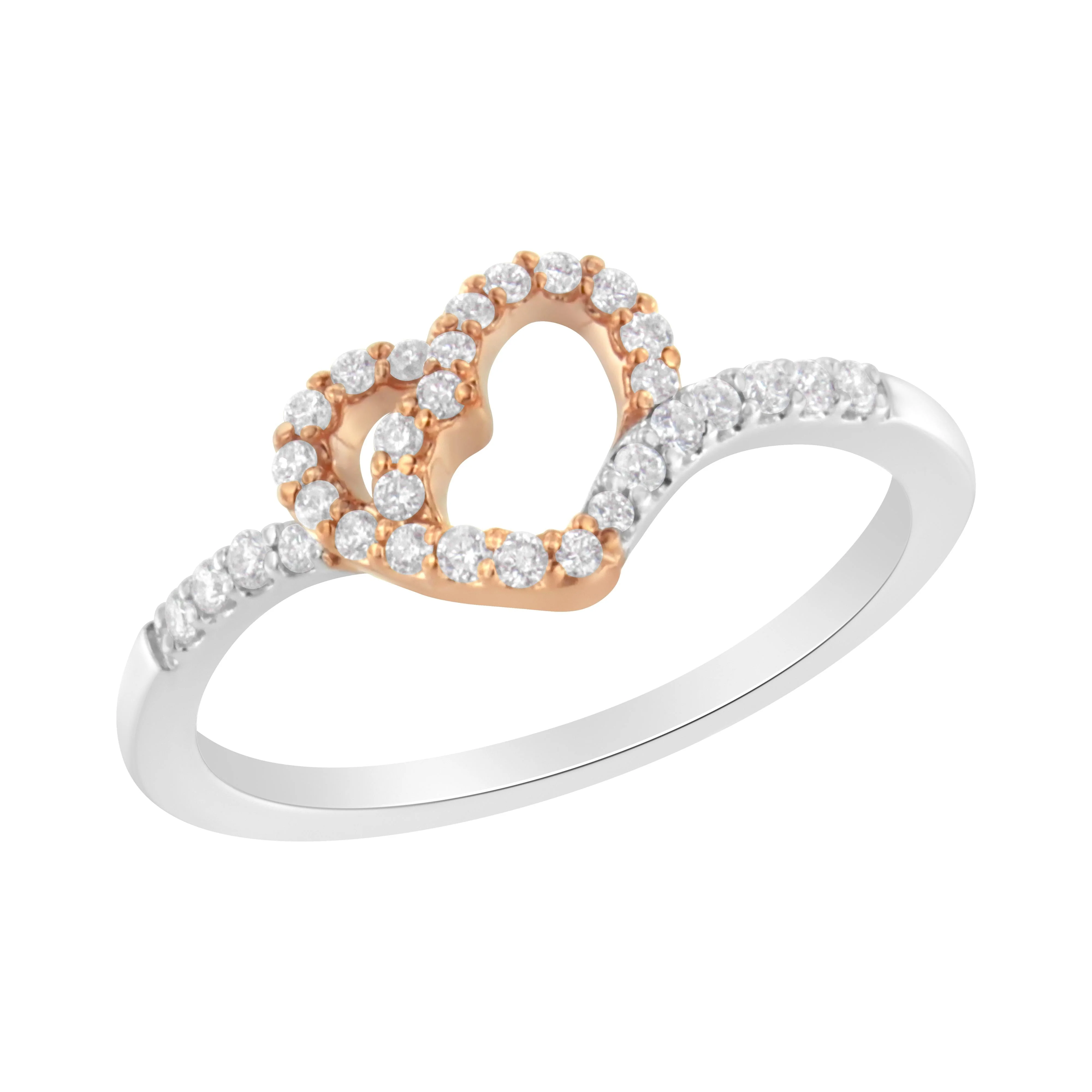 10K Rose Gold over .925 Sterling Silver 1/5 Cttw Diamond Two Tone Open Heart Promise or Fashion Ring (I-J Color, I2-I3 Clarity) - Size 6 - Image 2