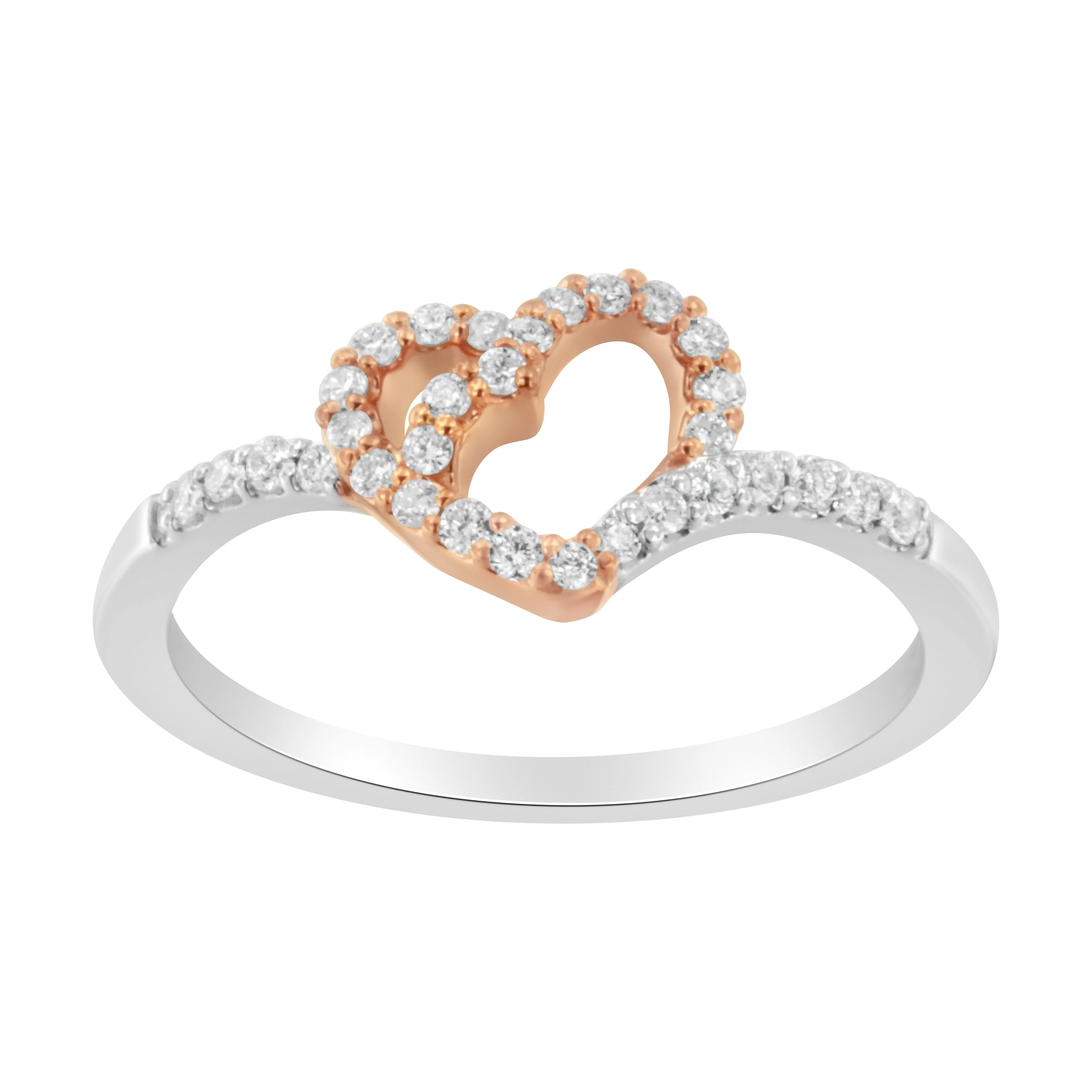 10K Rose Gold over .925 Sterling Silver 1/5 Cttw Diamond Two Tone Open Heart Promise or Fashion Ring (I-J Color, I2-I3 Clarity) - Size 6 - Image 6