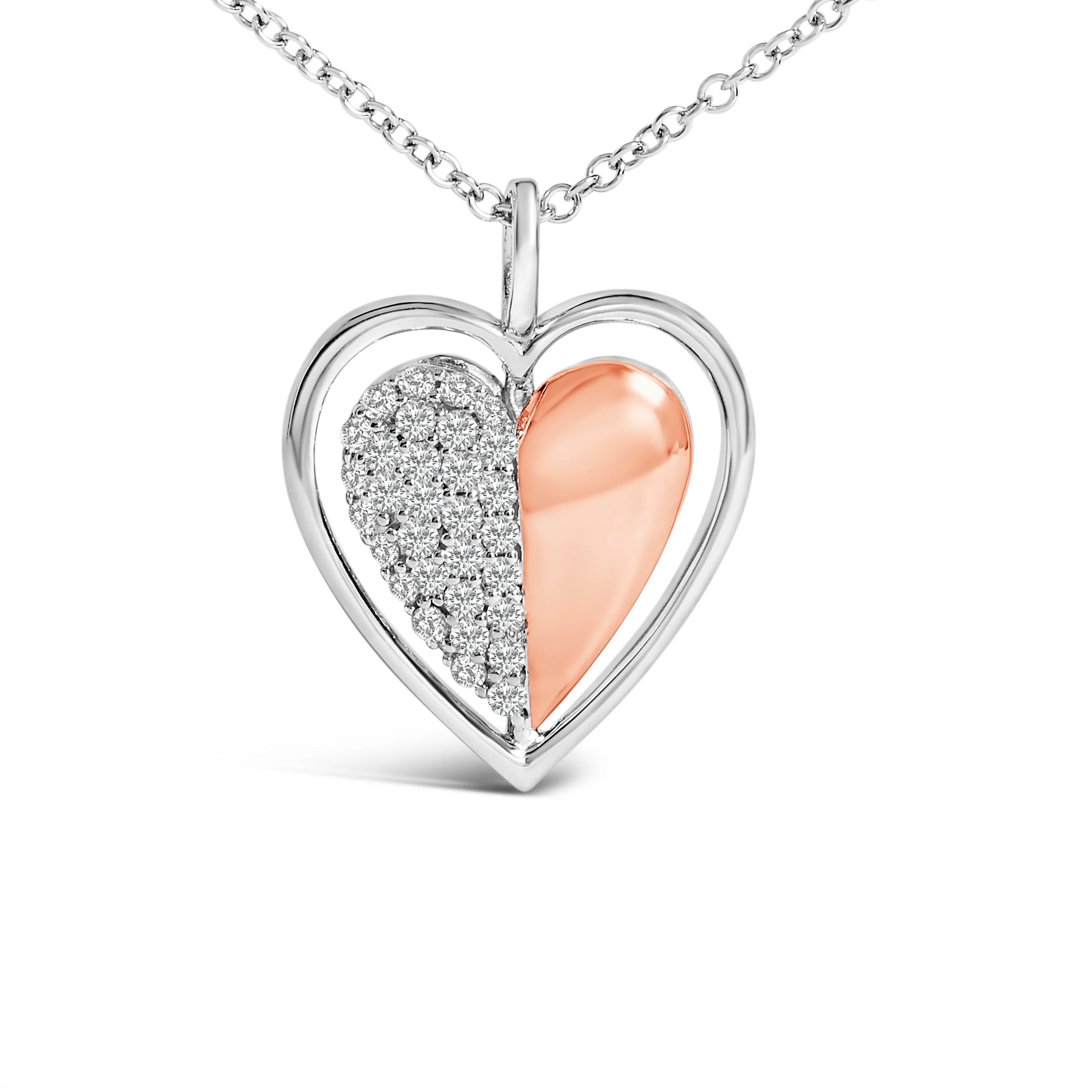 10K Rose Gold Plated Sterling Silver 1/5 Cttw Diamond Two-Tone Heart Pendant Necklace - Image 2