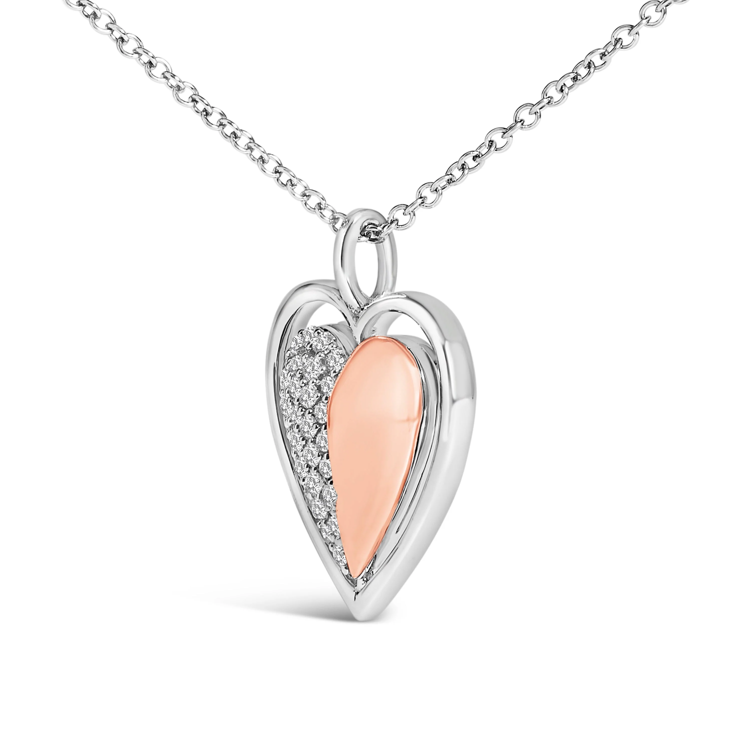 10K Rose Gold Plated Sterling Silver 1/5 Cttw Diamond Two-Tone Heart Pendant Necklace - Image 3
