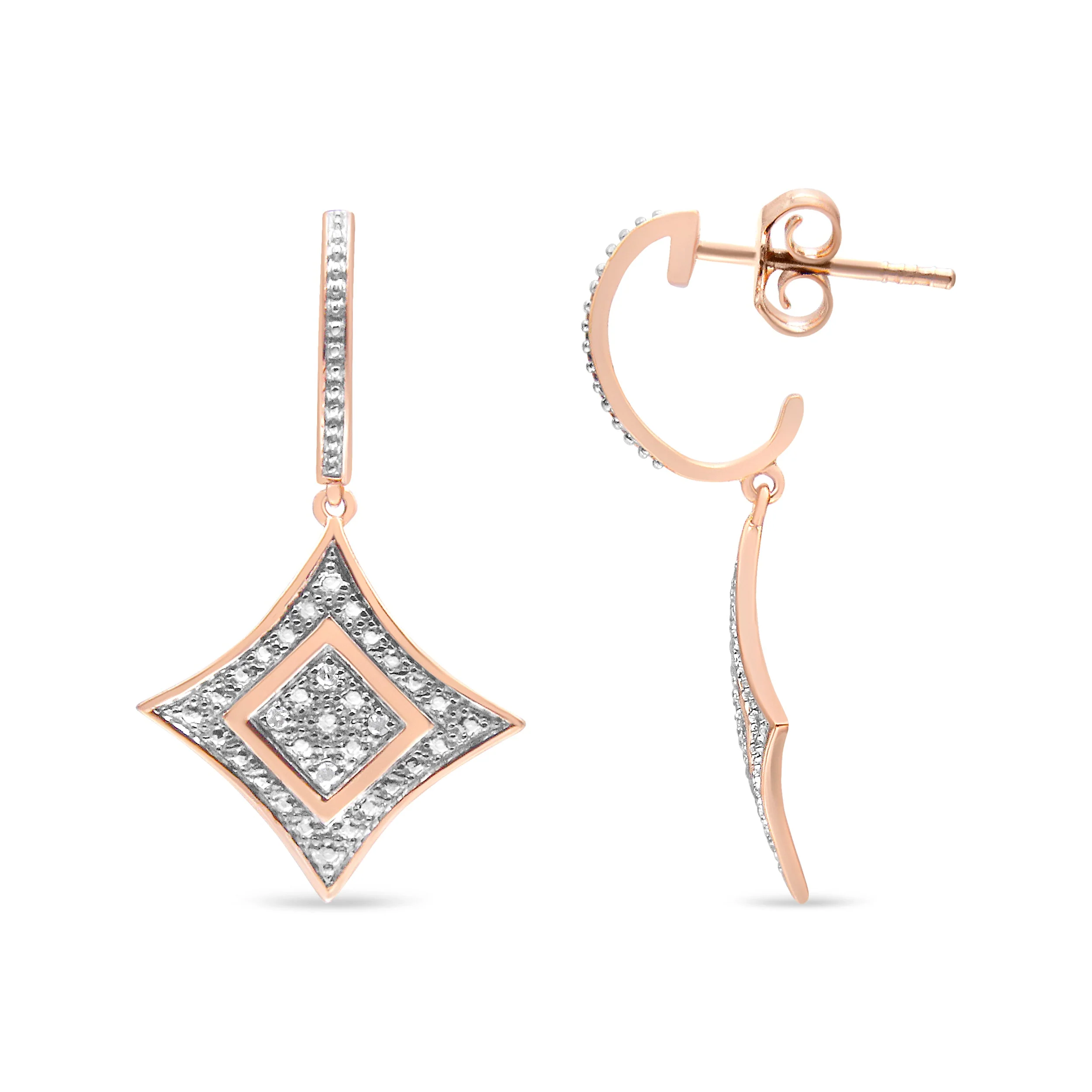 10K Rose Gold Plated Sterling Silver Round Cut Diamond Cushion Dangle Earrings (0.04 cttw, H-I Color, I2-I3 Clarity) - Image 6
