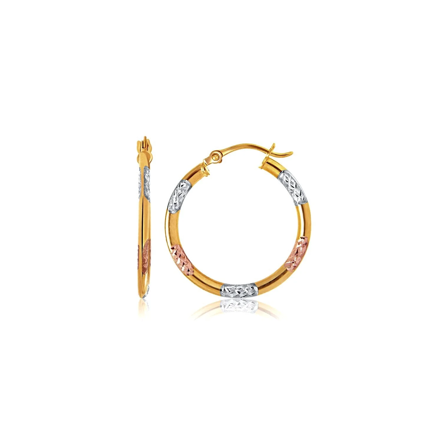 10k Tri-Color Gold Classic Hoop Earrings with Diamond Cut Details - Image 5