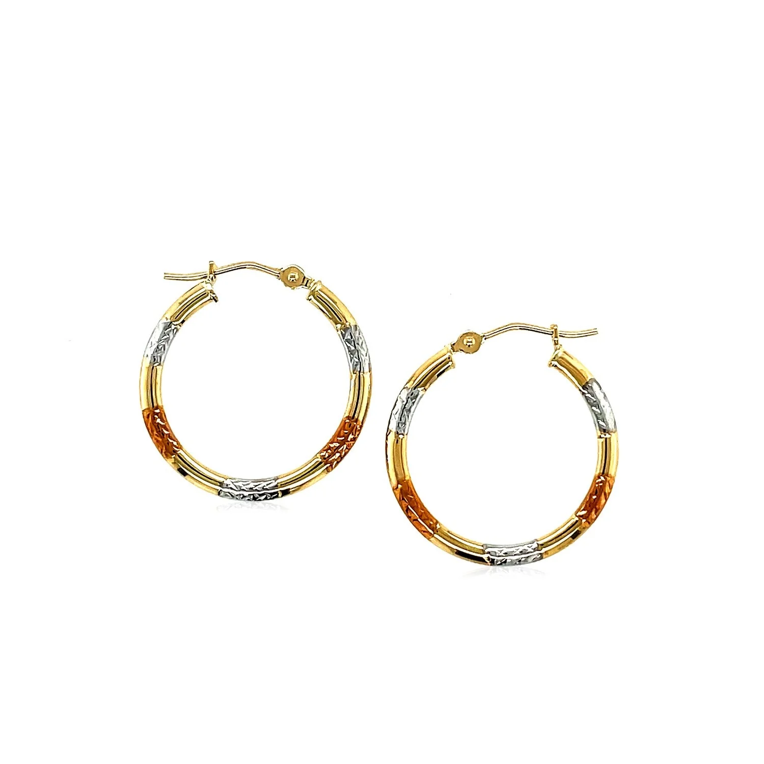 10k Tri-Color Gold Classic Hoop Earrings with Diamond Cut Details - Image 7