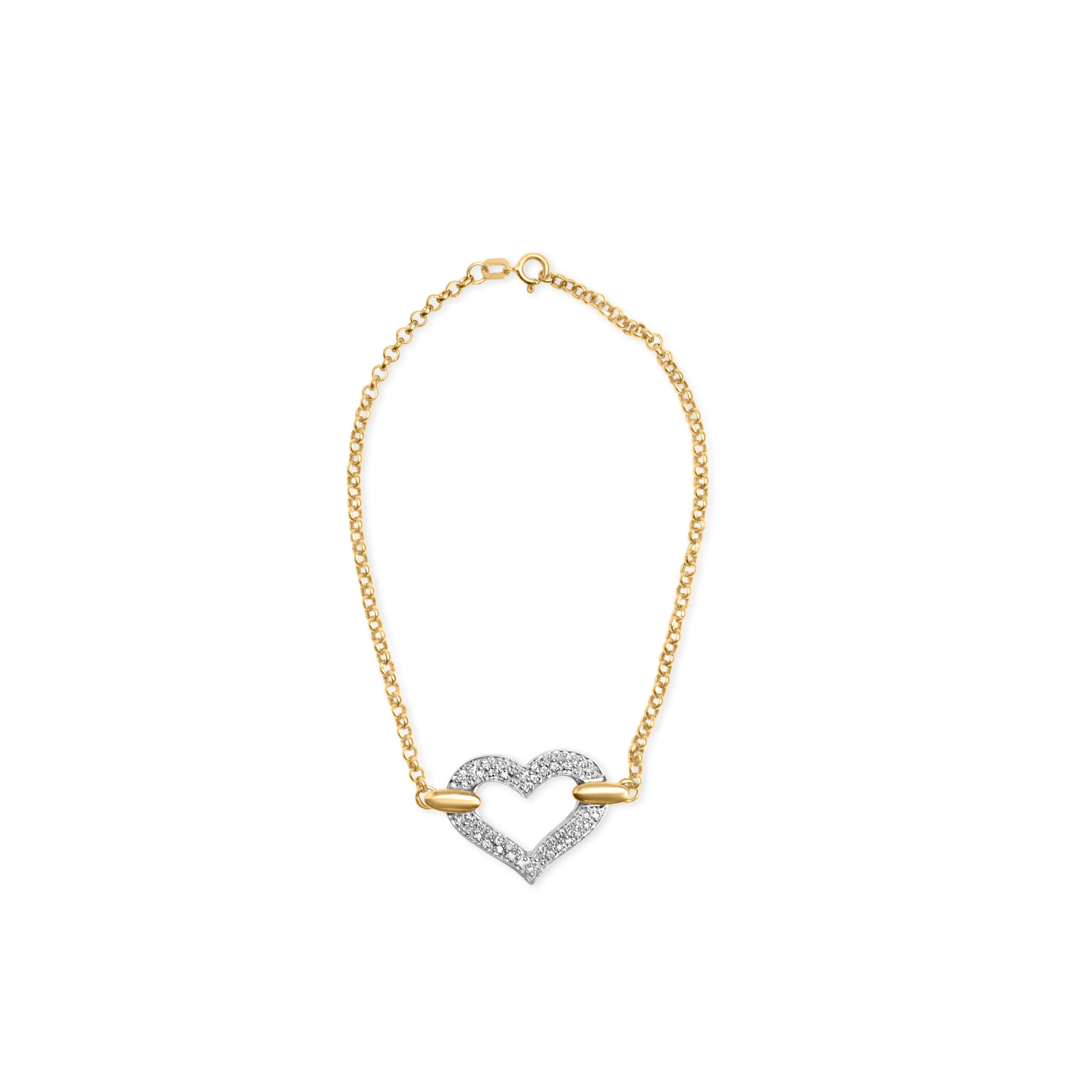 10K Two Tone Gold 1/4 Cttw Diamond Encrusted Heart Charm 7" Bracelet (H-I Color, I1-I2 Clarity) - Image 7