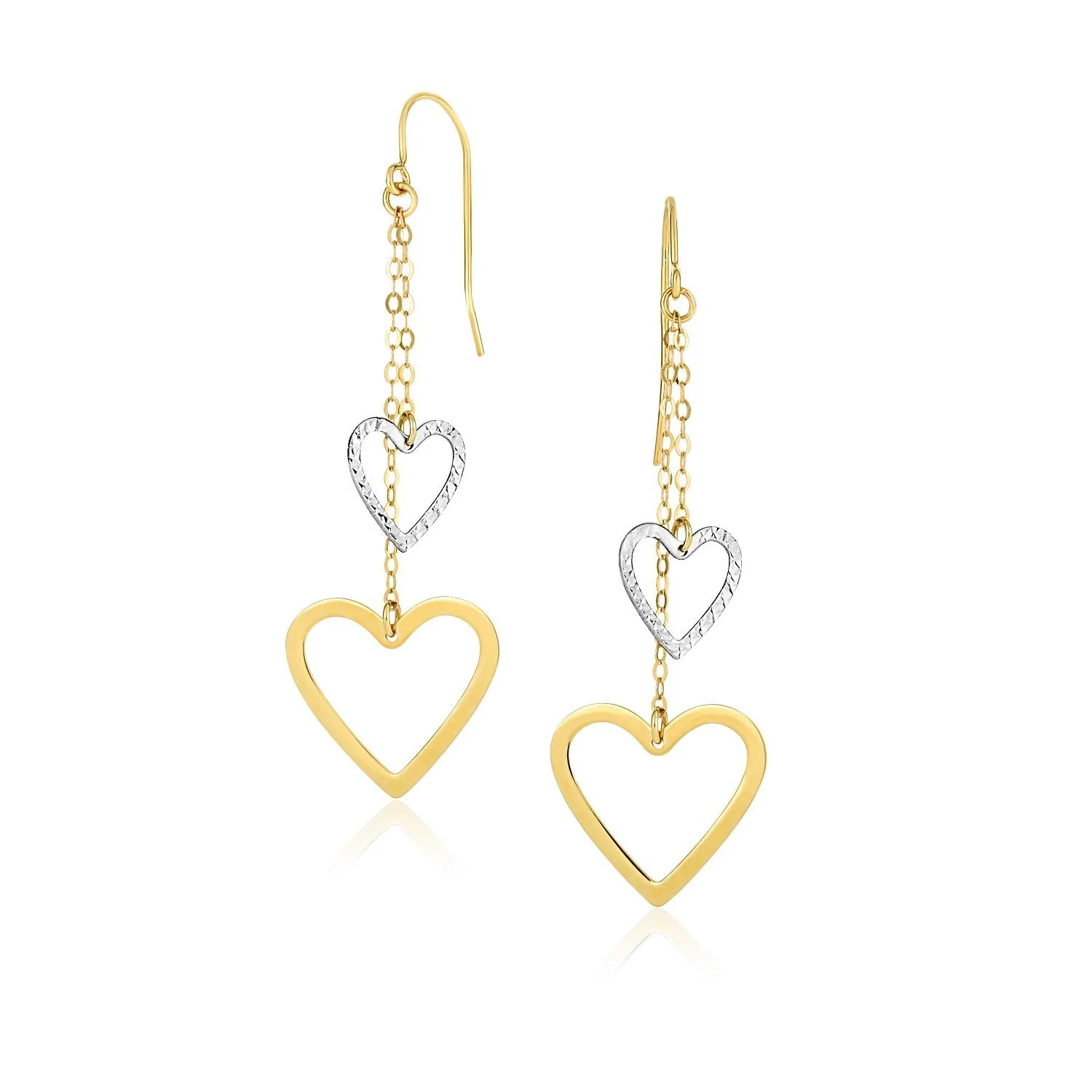 10k Two-Tone Gold Cutout Heart Chain Dangling Earrings - Image 3