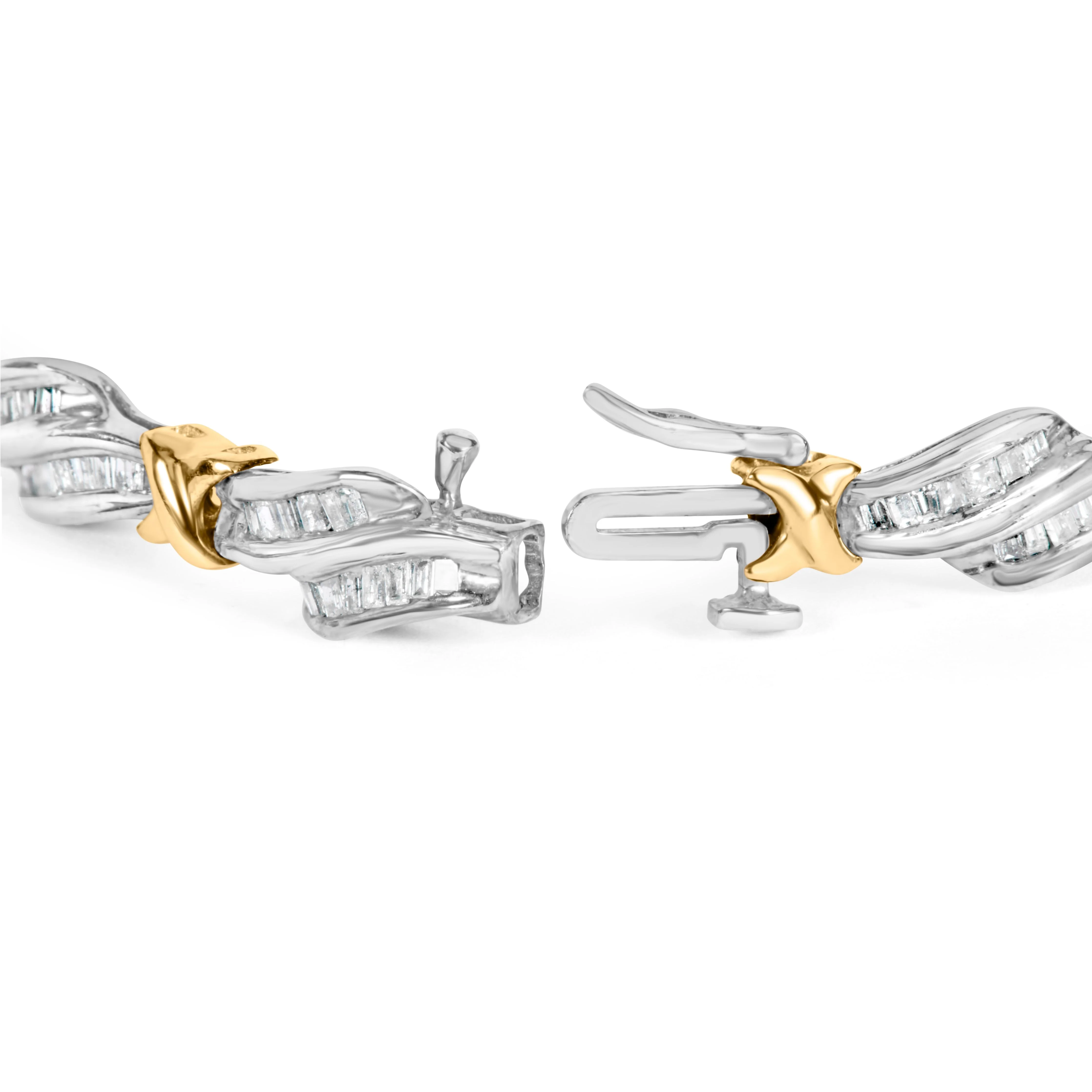 10k Two-Toned Gold 2.00 Cttw Channel Set Baguette-Diamond Weave and  "X" Spiral Link Bracelet (H-I Color, I1-I2 Clarity) - 7" - Image 5