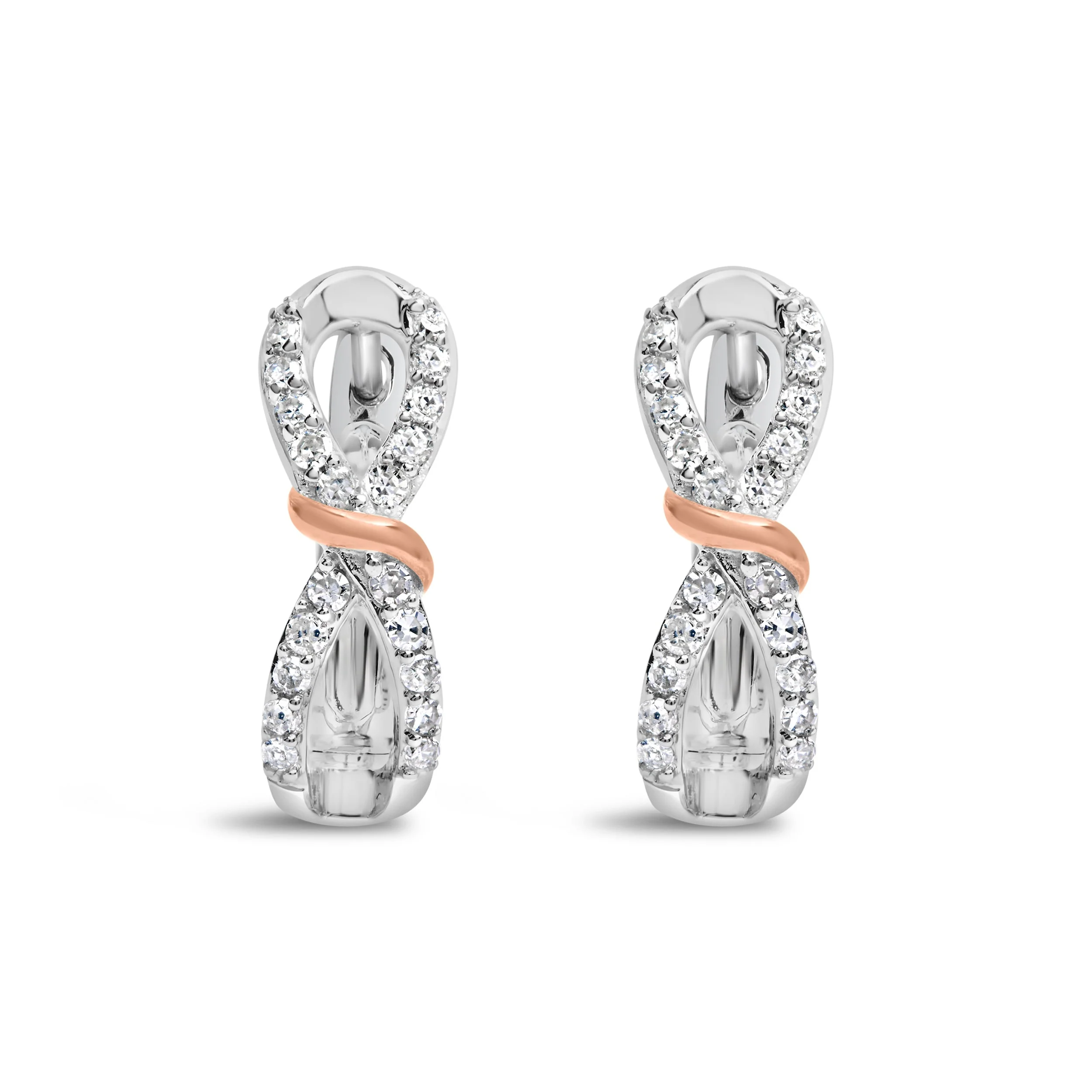 10K White and Rose Gold 1/3 Cttw Diamond Infinite and Ribbon Hoop Earrings (H-I Color, I1-I2 Clarity) - Image 2