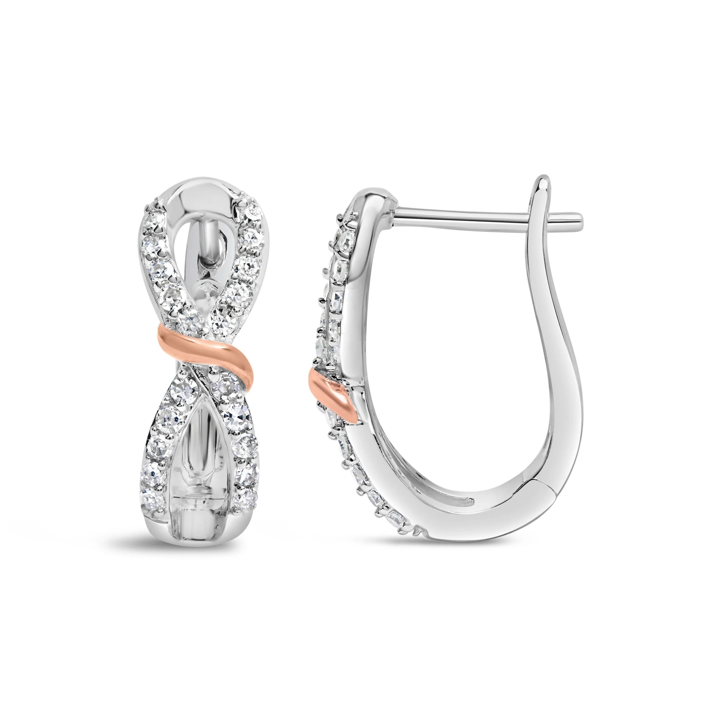10K White and Rose Gold 1/3 Cttw Diamond Infinite and Ribbon Hoop Earrings (H-I Color, I1-I2 Clarity) - Image 3