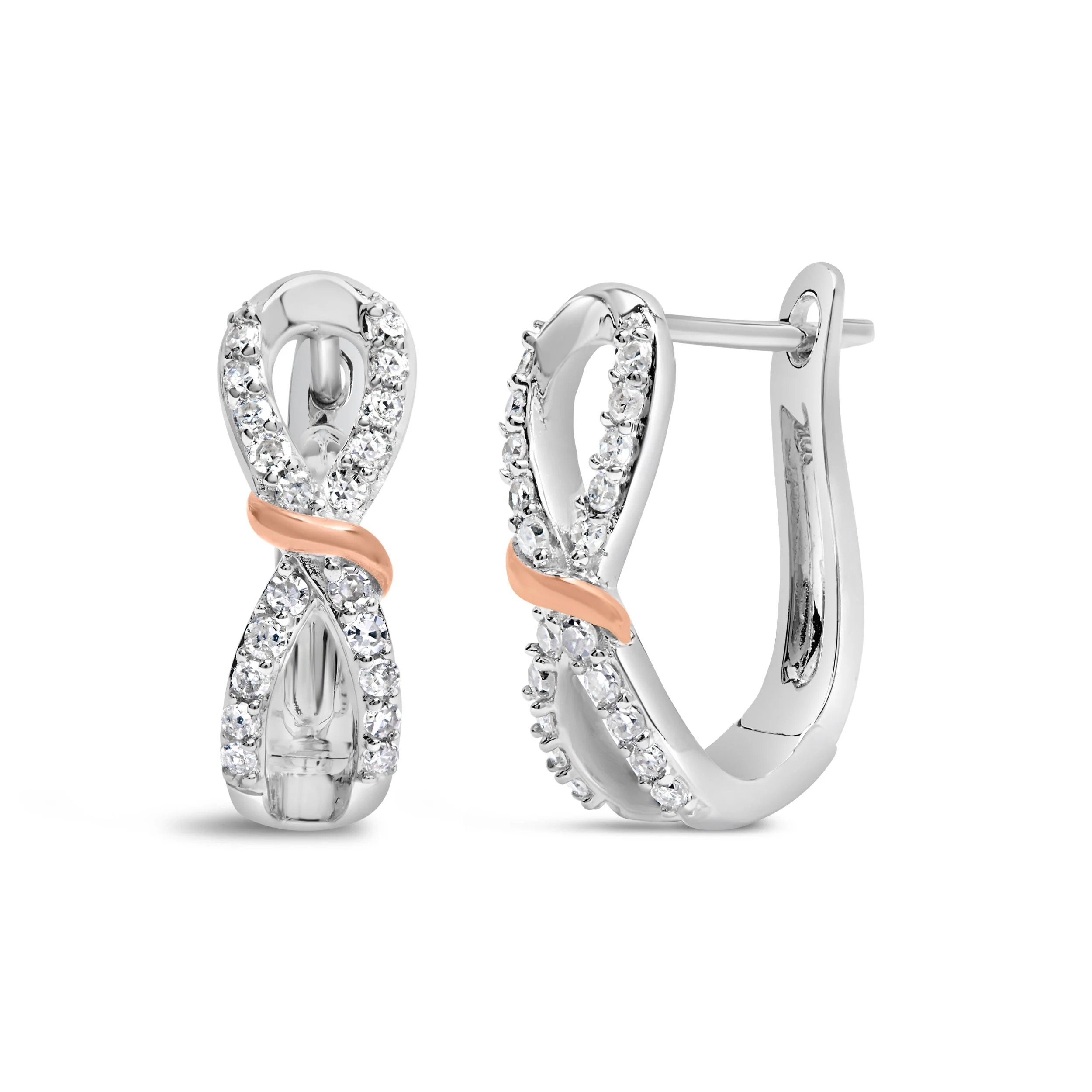10K White and Rose Gold 1/3 Cttw Diamond Infinite and Ribbon Hoop Earrings (H-I Color, I1-I2 Clarity) - Image 5