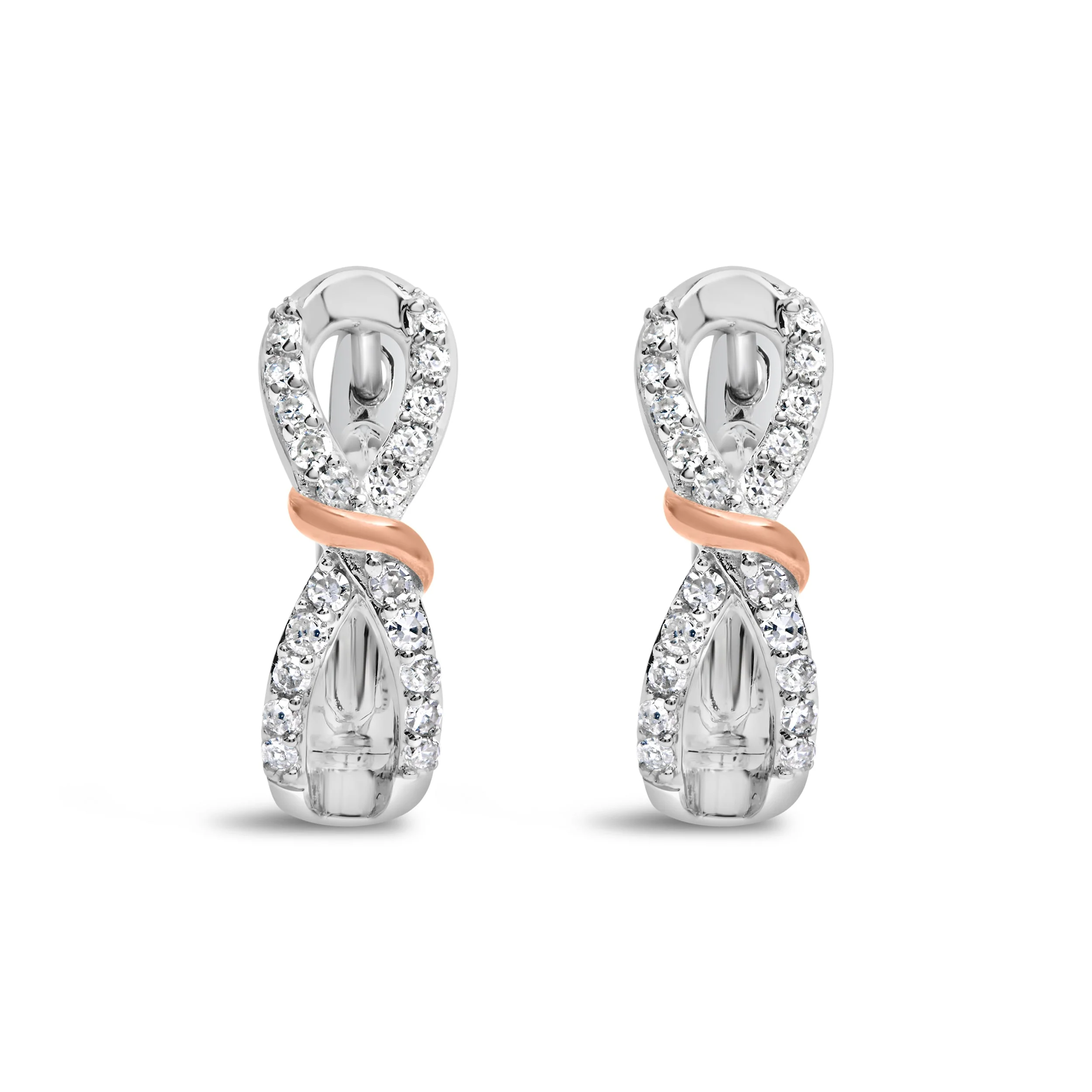 10K White and Rose Gold 1/3 Cttw Diamond Infinite and Ribbon Hoop Earrings (H-I Color, I1-I2 Clarity) - Image 6