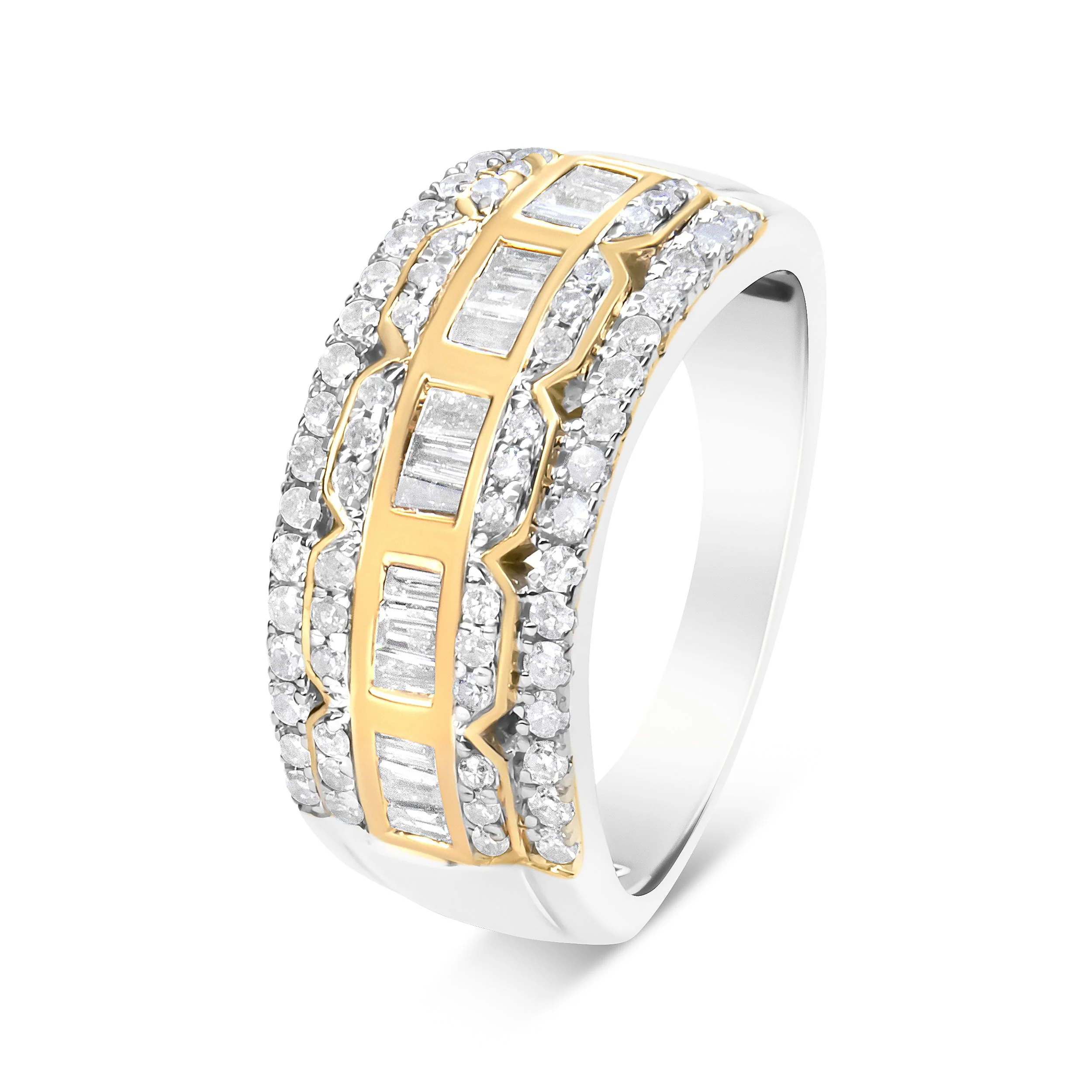 10K White and Yellow Gold 1.00 Cttw Baguette and Round cut Diamond Art Deco Multi-Row Ring Band (I-J Color, I1-I2 Clarity) - Ring Size 7 - Image 6