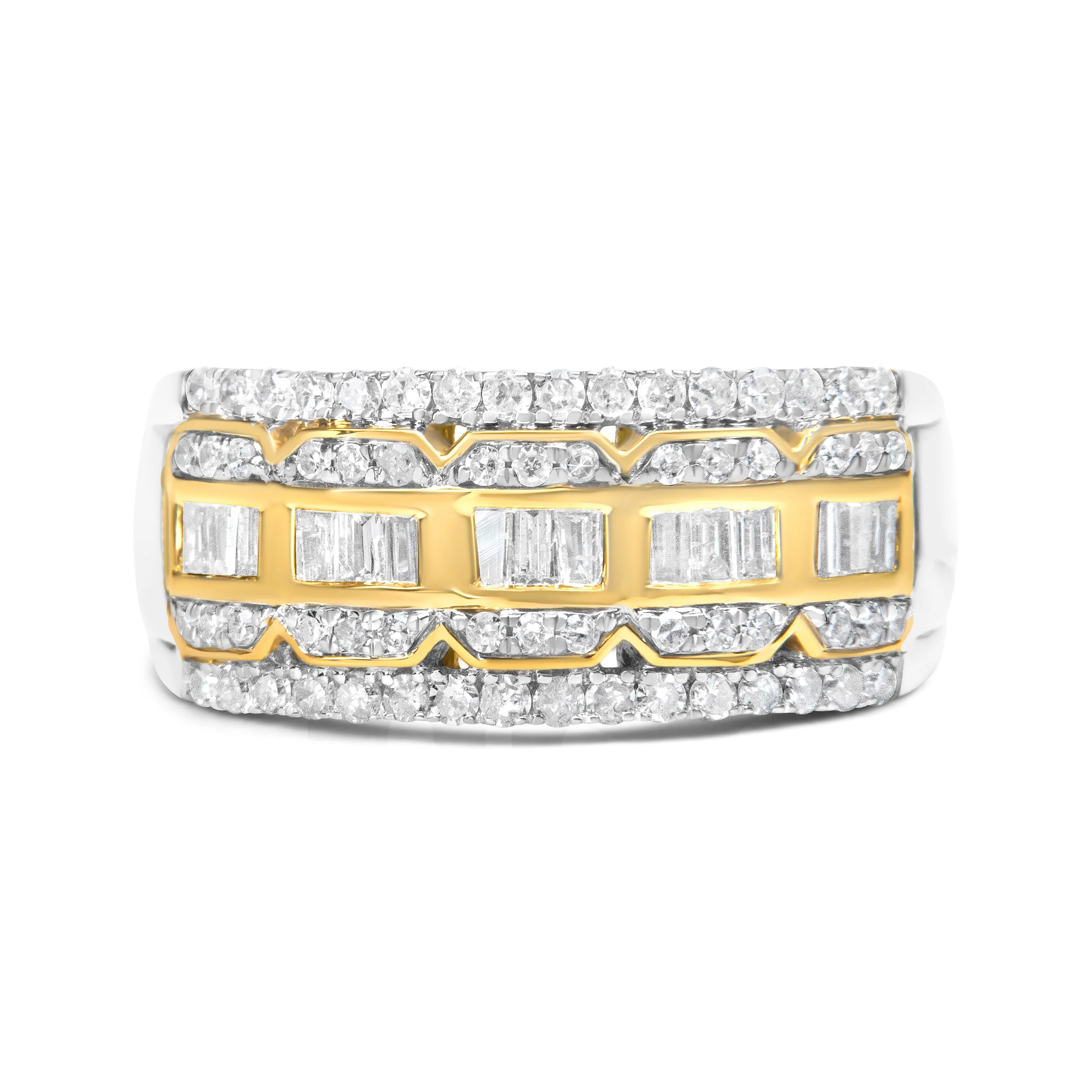 10K White and Yellow Gold 1.00 Cttw Baguette and Round cut Diamond Art Deco Multi-Row Ring Band (I-J Color, I1-I2 Clarity) - Ring Size 7 - Image 7