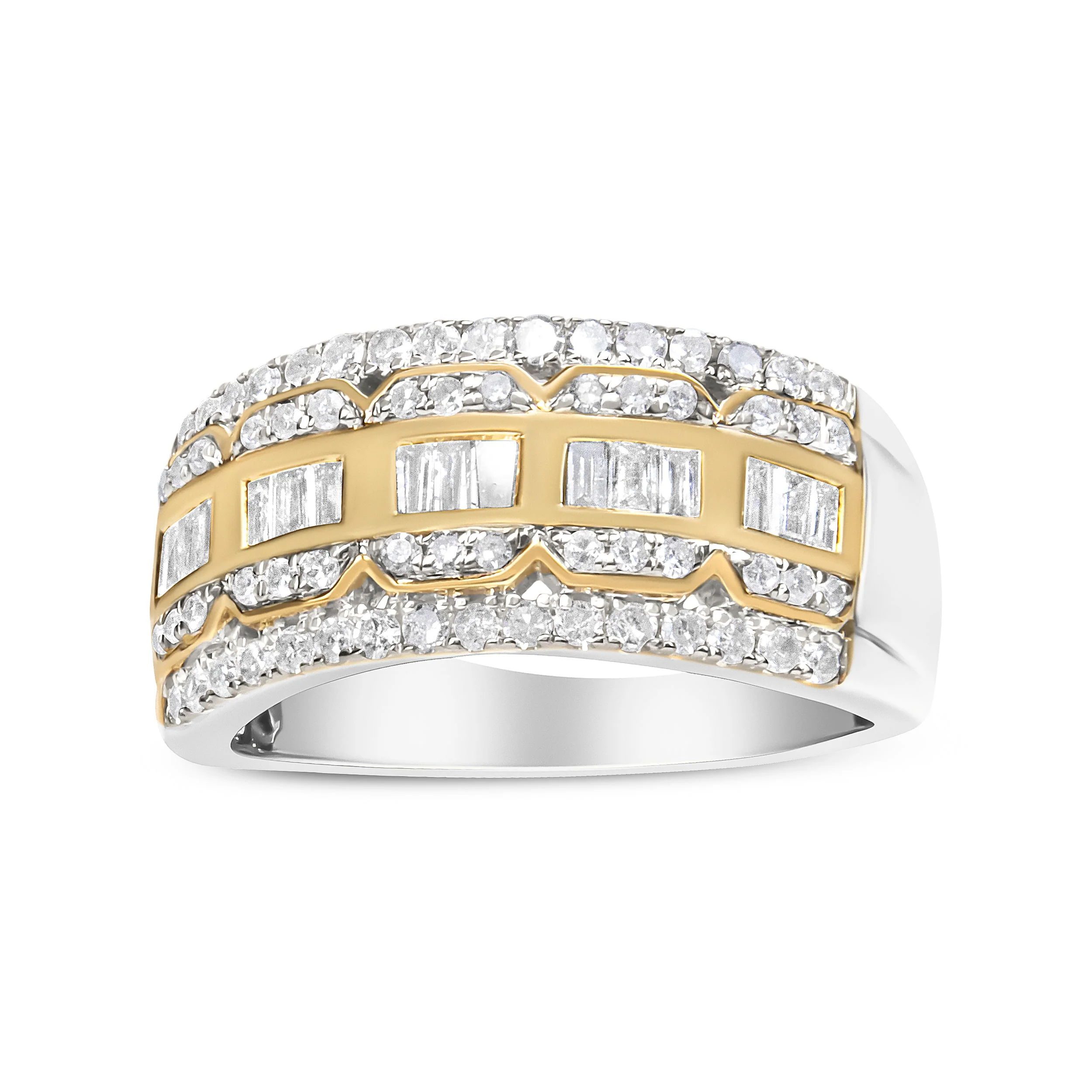 10K White and Yellow Gold 1.00 Cttw Baguette and Round cut Diamond Art Deco Multi-Row Ring Band (I-J Color, I1-I2 Clarity) - Ring Size 7 - Image 8