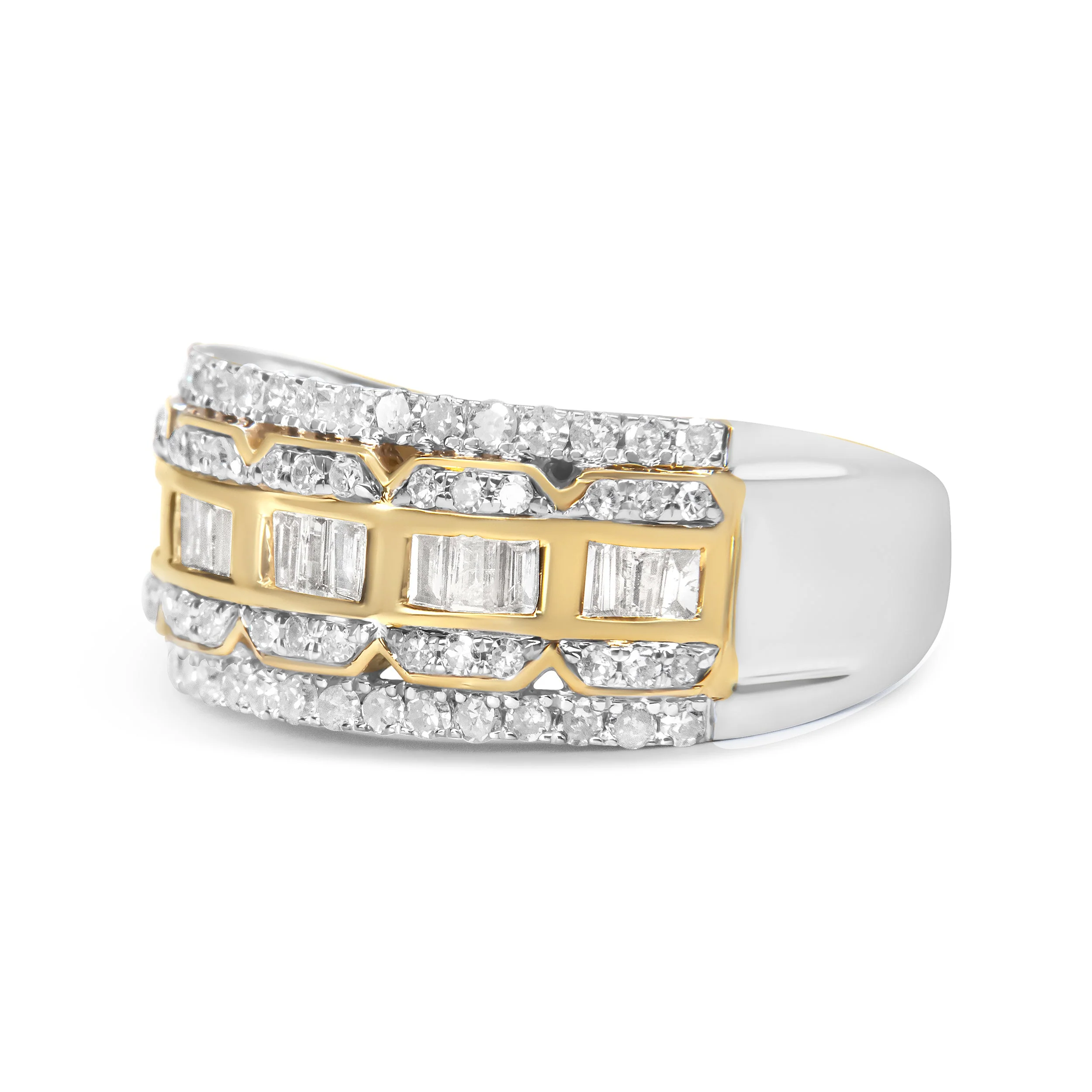 10K White and Yellow Gold 1.00 Cttw Baguette and Round cut Diamond Art Deco Multi-Row Ring Band (I-J Color, I1-I2 Clarity) - Ring Size 7 - Image 9