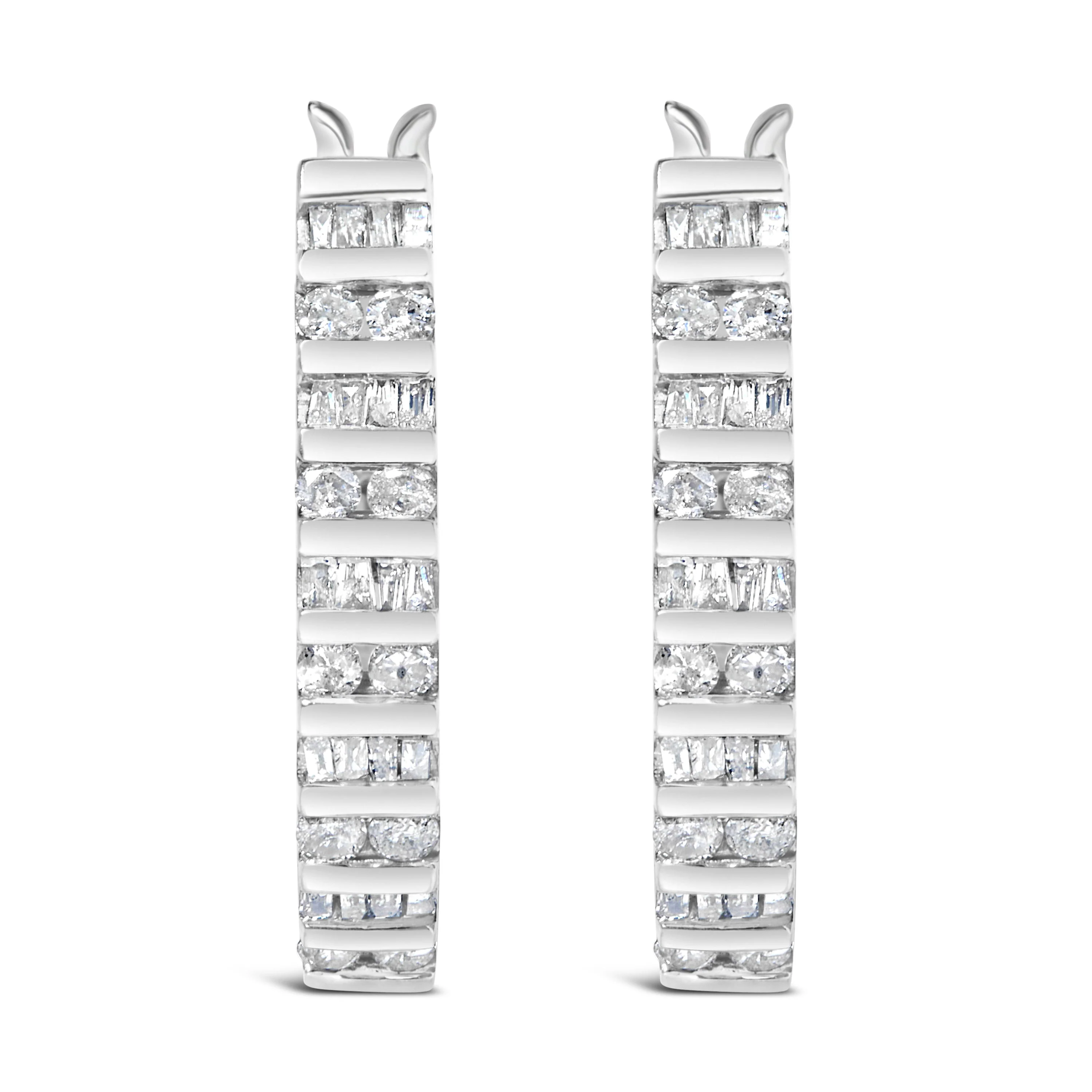 10K White Gold 1.0 Cttw Alternating  Diamond "U" Hoop Earrings (I-J Color, I2-I3 Clarity) - Image 2