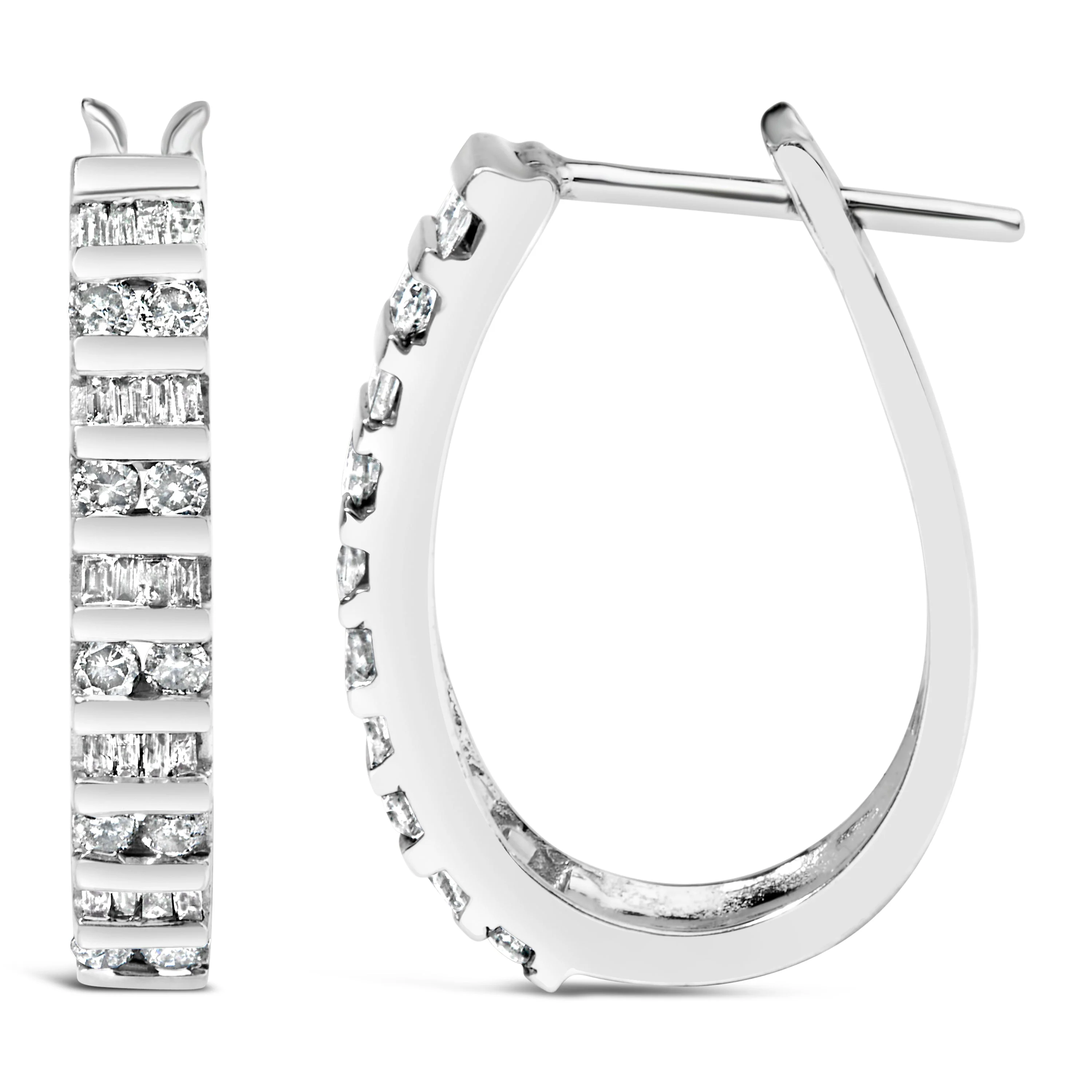 10K White Gold 1.0 Cttw Alternating  Diamond "U" Hoop Earrings (I-J Color, I2-I3 Clarity) - Image 3