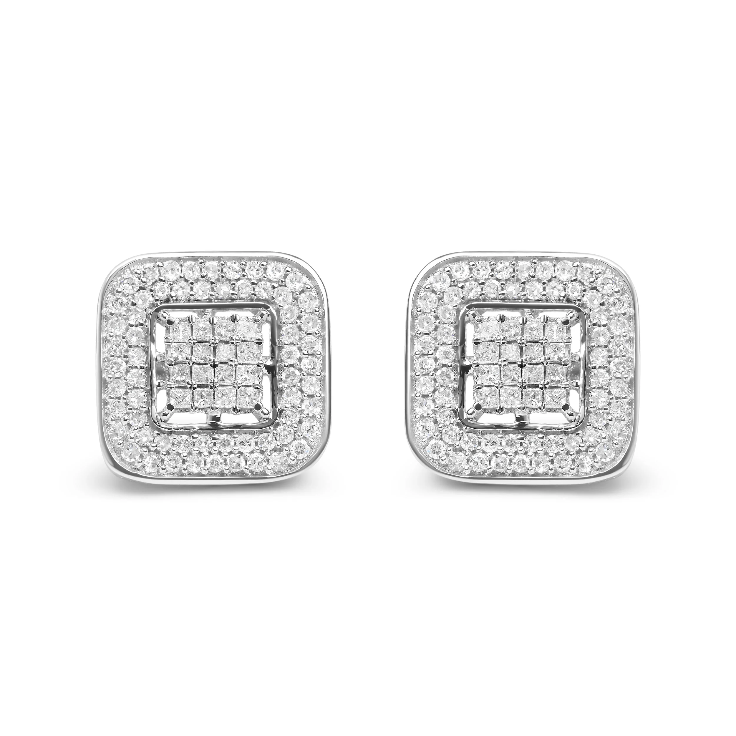 10K White Gold 1.0 Cttw Round and Princess Cut Diamond Composite Open Halo Stud Earrings (H-I Color, SI1-SI2 Clarity)