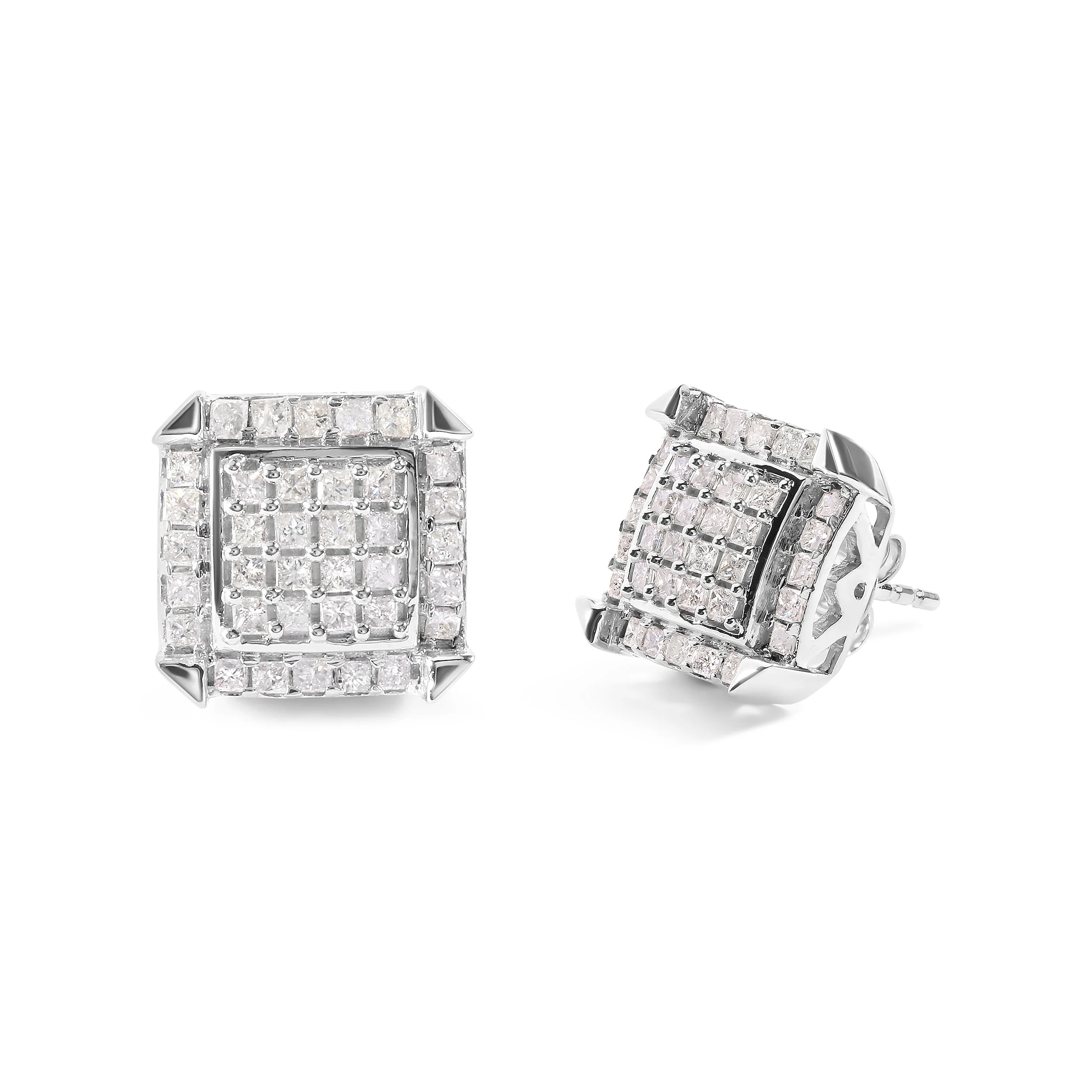 10K White Gold 1 1/10 Cttw Princess Diamond Composite and Halo Stud Earrings (I-J Color, I1-I2 Clarity) - Image 2