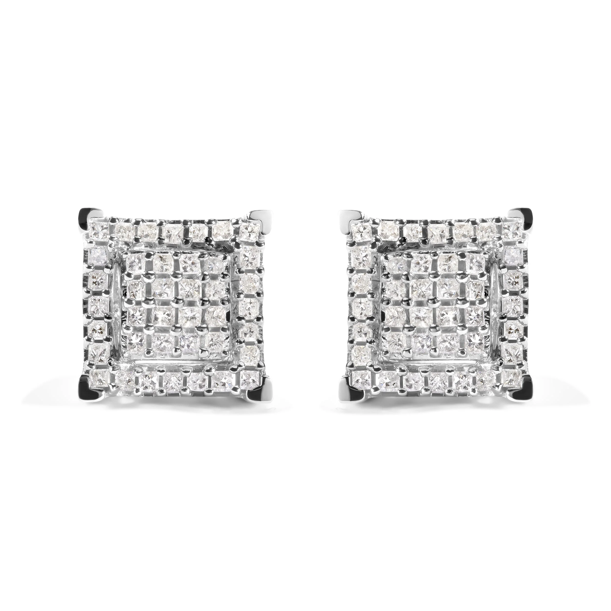 10K White Gold 1 1/4 Cttw Princess Diamond Composite Double Square and Halo Stud Earrings (I-J Color, I1-I2 Clarity)