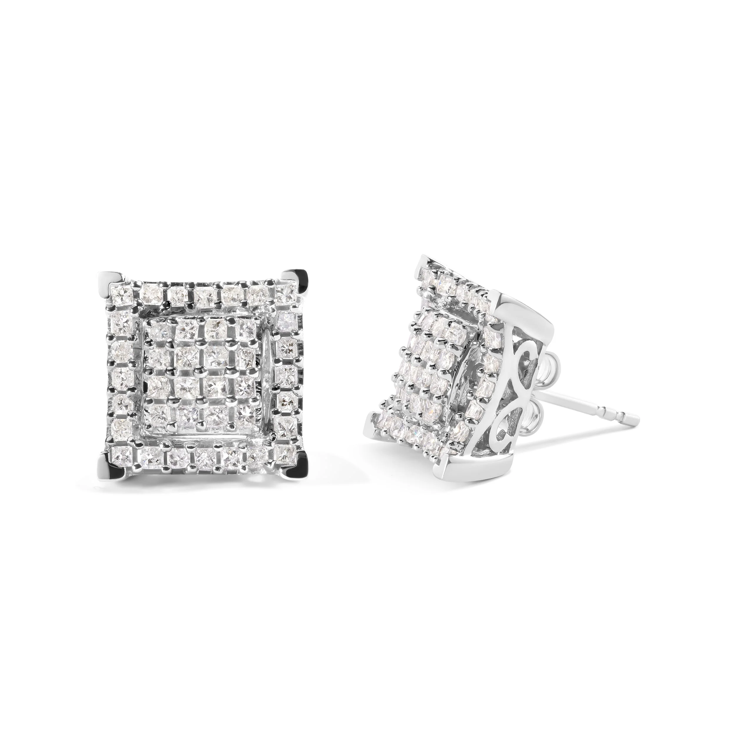10K White Gold 1 1/4 Cttw Princess Diamond Composite Double Square and Halo Stud Earrings (I-J Color, I1-I2 Clarity) - Image 2