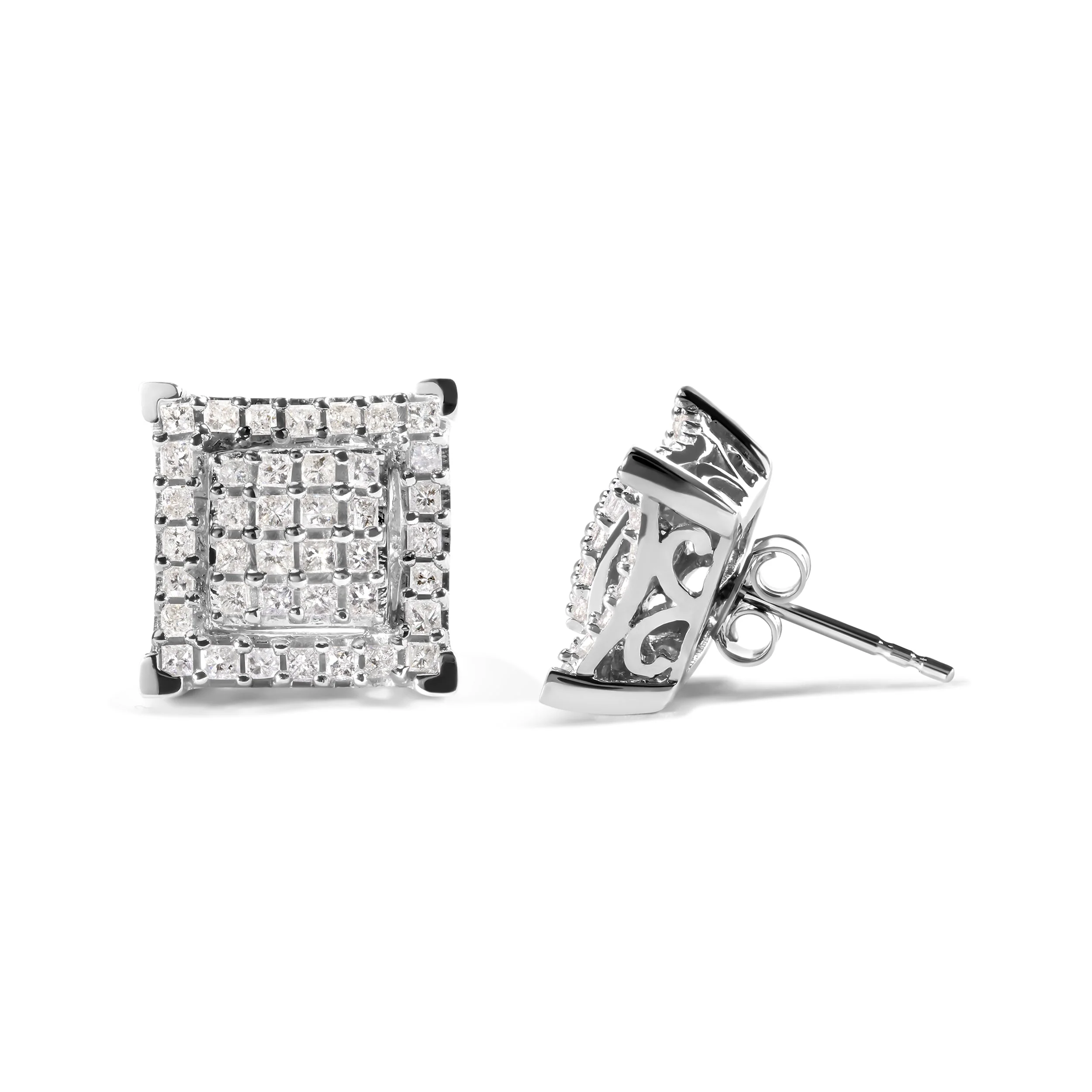 10K White Gold 1 1/4 Cttw Princess Diamond Composite Double Square and Halo Stud Earrings (I-J Color, I1-I2 Clarity) - Image 6